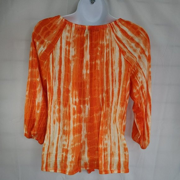 French Laundry Blouse Orange Tie Dye Front Tie Lace Accent Top 3/4 Sleeves Sz SM - Picture 5 of 9